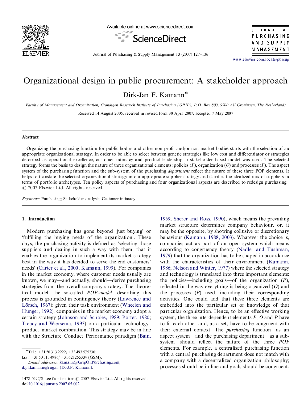 Organizational design in public procurement: A stakeholder approach