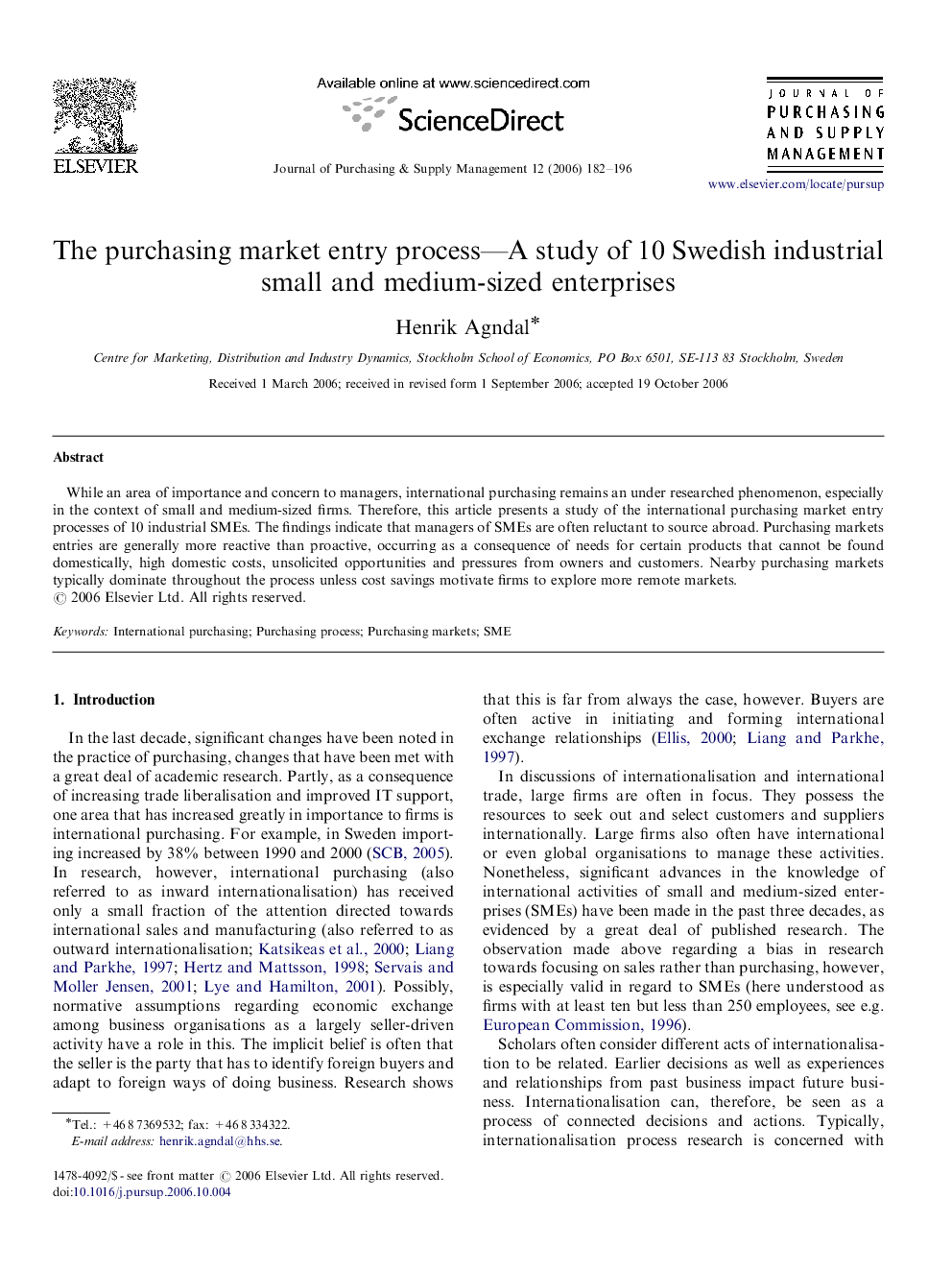 The purchasing market entry process—A study of 10 Swedish industrial small and medium-sized enterprises