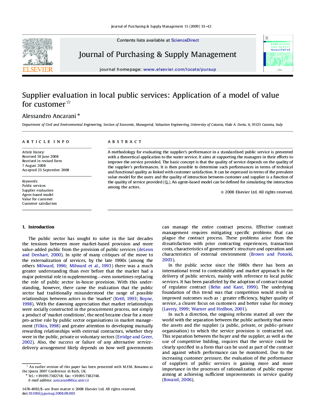 Supplier evaluation in local public services: Application of a model of value for customer 