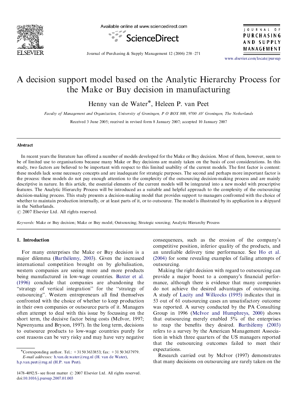 A decision support model based on the Analytic Hierarchy Process for the Make or Buy decision in manufacturing