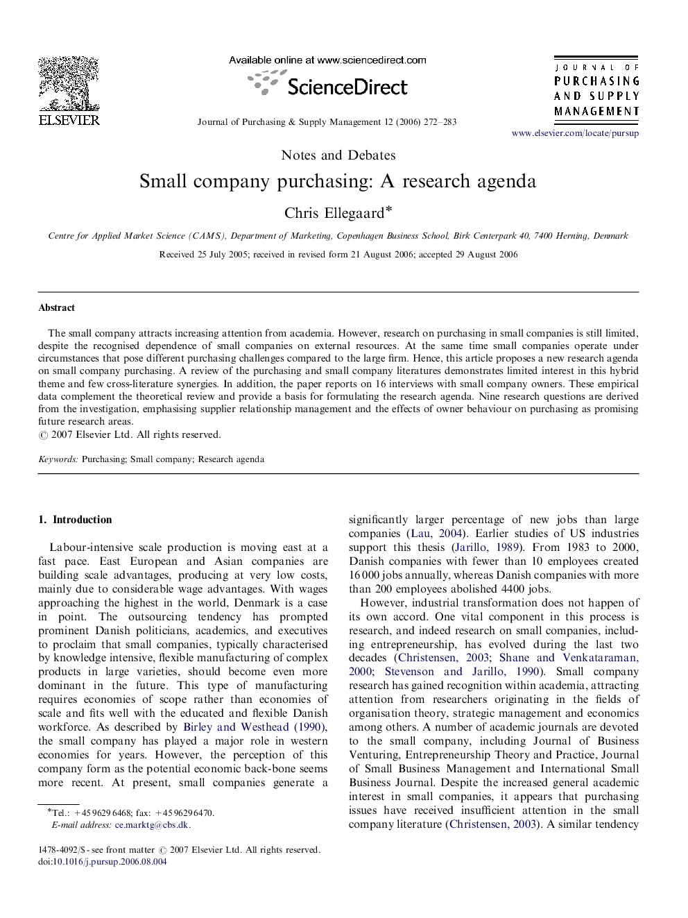 Small company purchasing: A research agenda