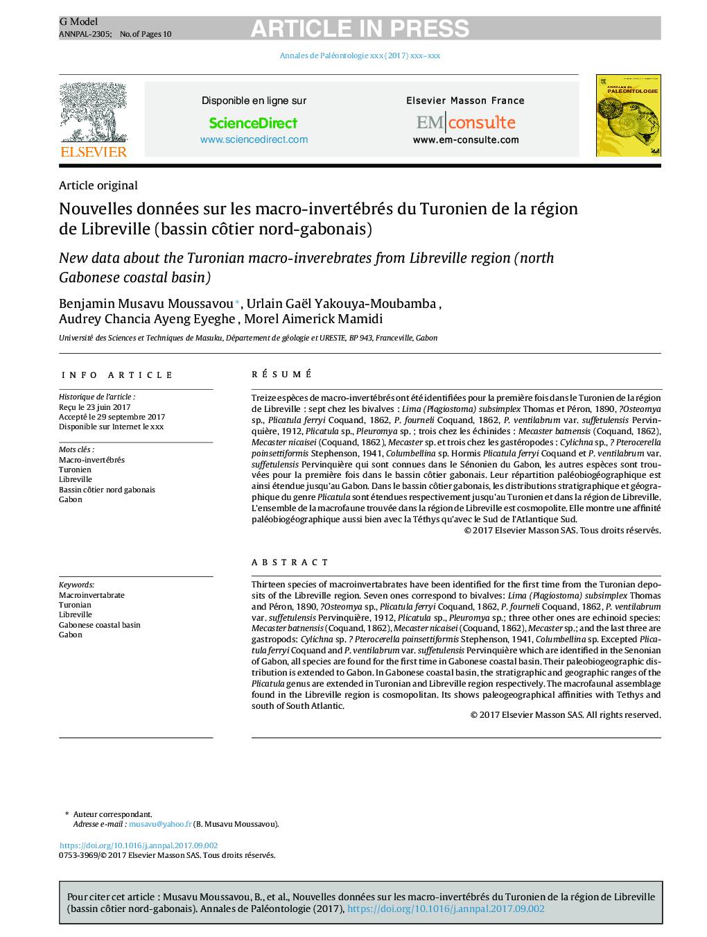 Nouvelles données sur les macro-invertébrés du Turonien de la région de Libreville (bassin cÃ´tier nord-gabonais)