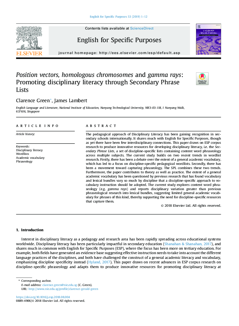 Position vectors, homologous chromosomes and gamma rays: Promoting disciplinary literacy through Secondary Phrase Lists