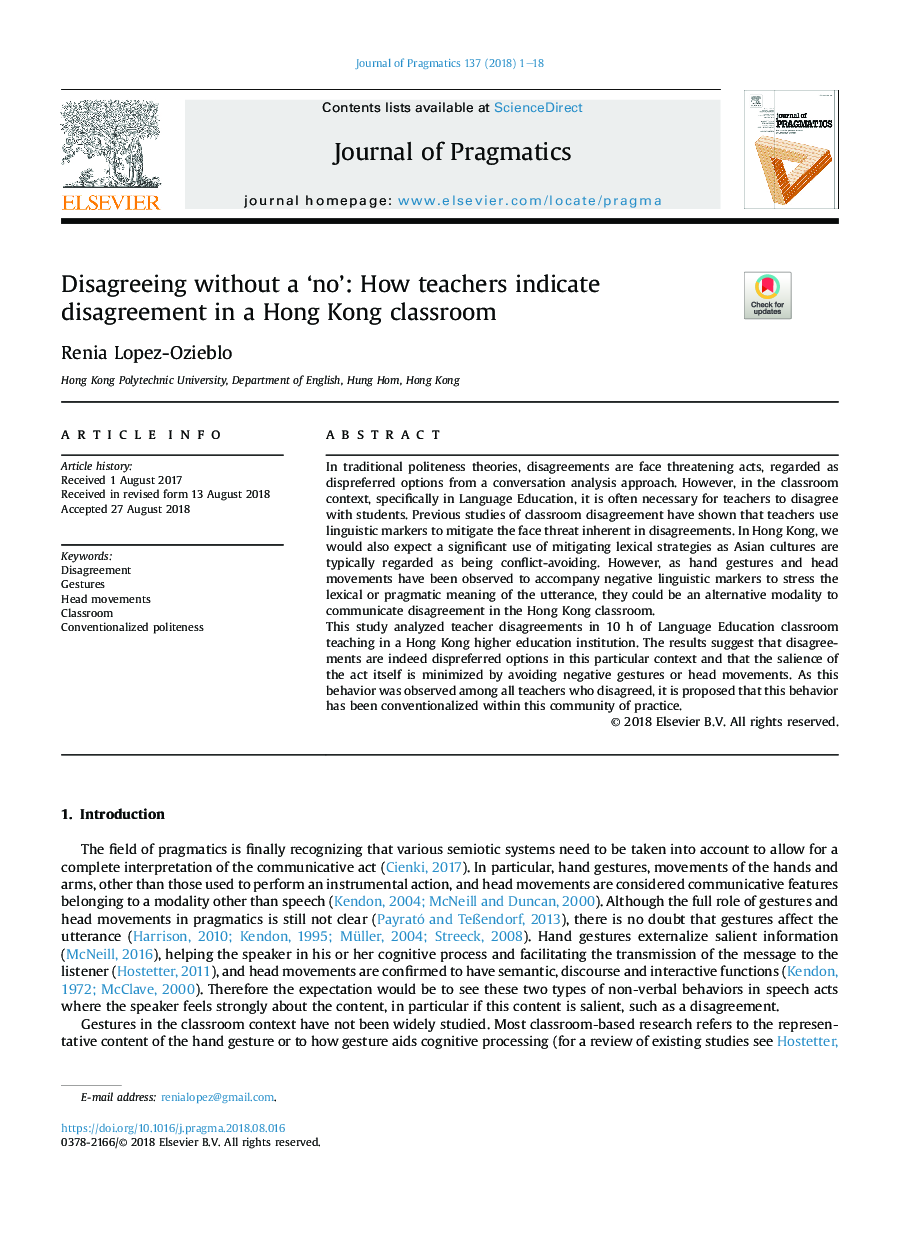Disagreeing without a 'no': How teachers indicate disagreement in a Hong Kong classroom