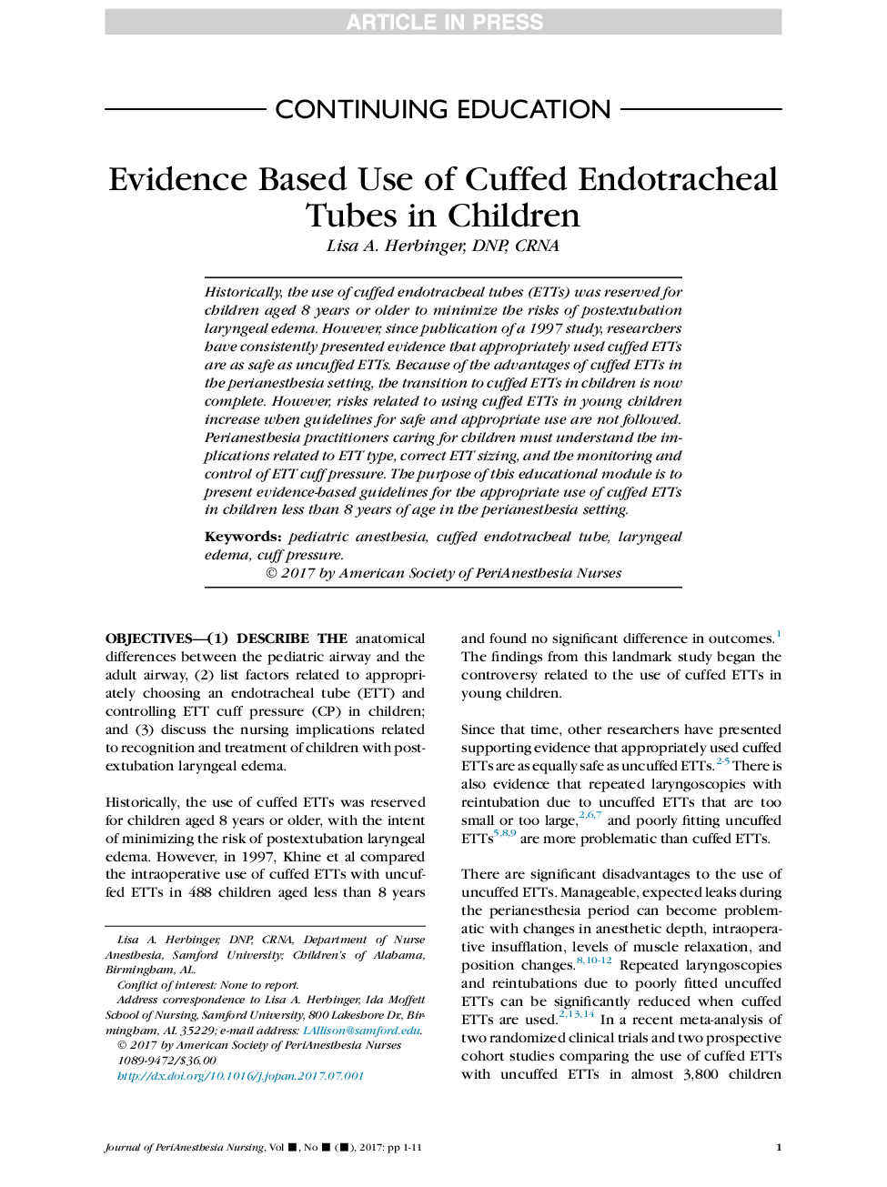 Evidence Based Use of Cuffed Endotracheal Tubes in Children