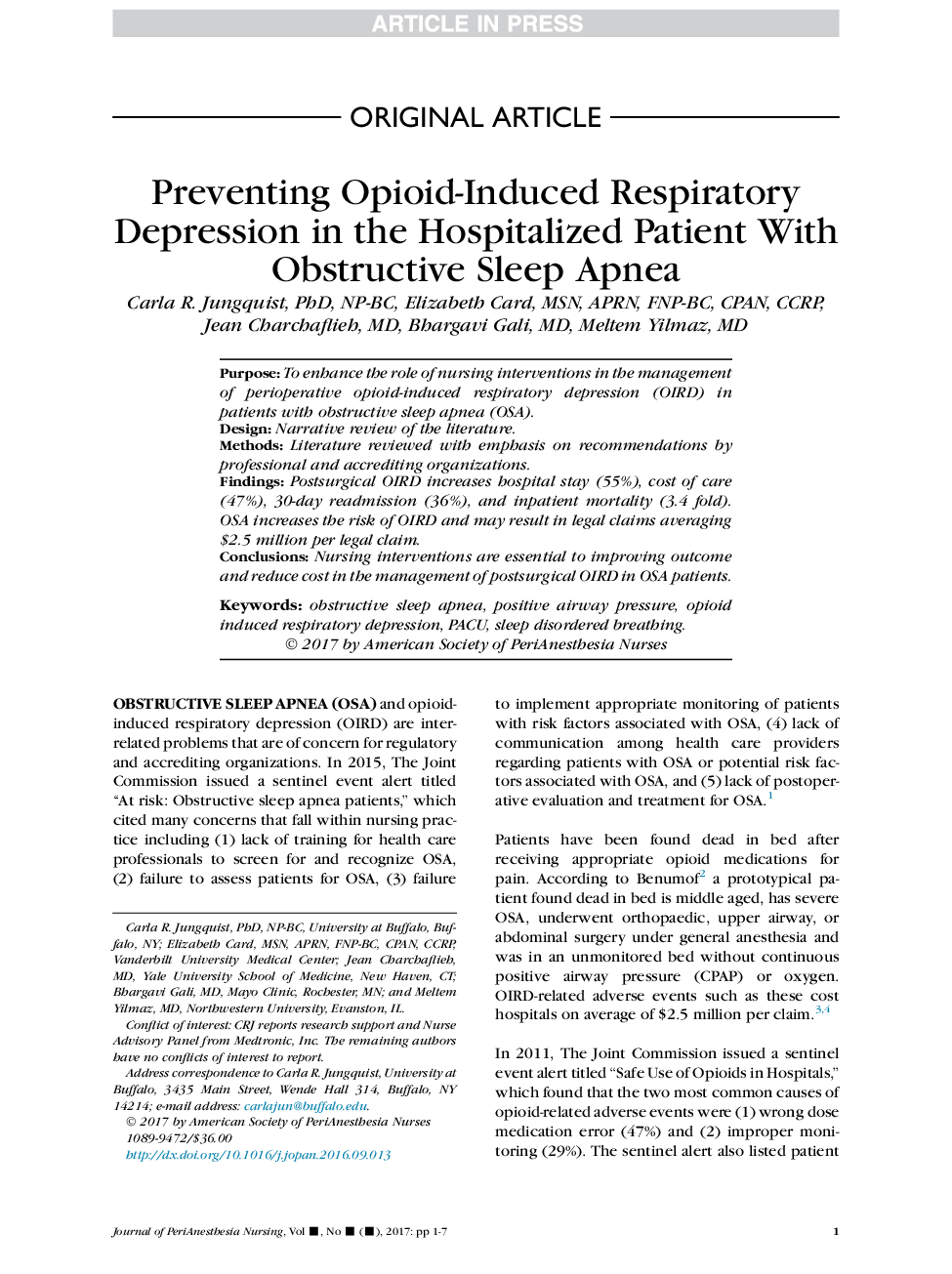 Preventing Opioid-Induced Respiratory Depression in the Hospitalized Patient With Obstructive Sleep Apnea