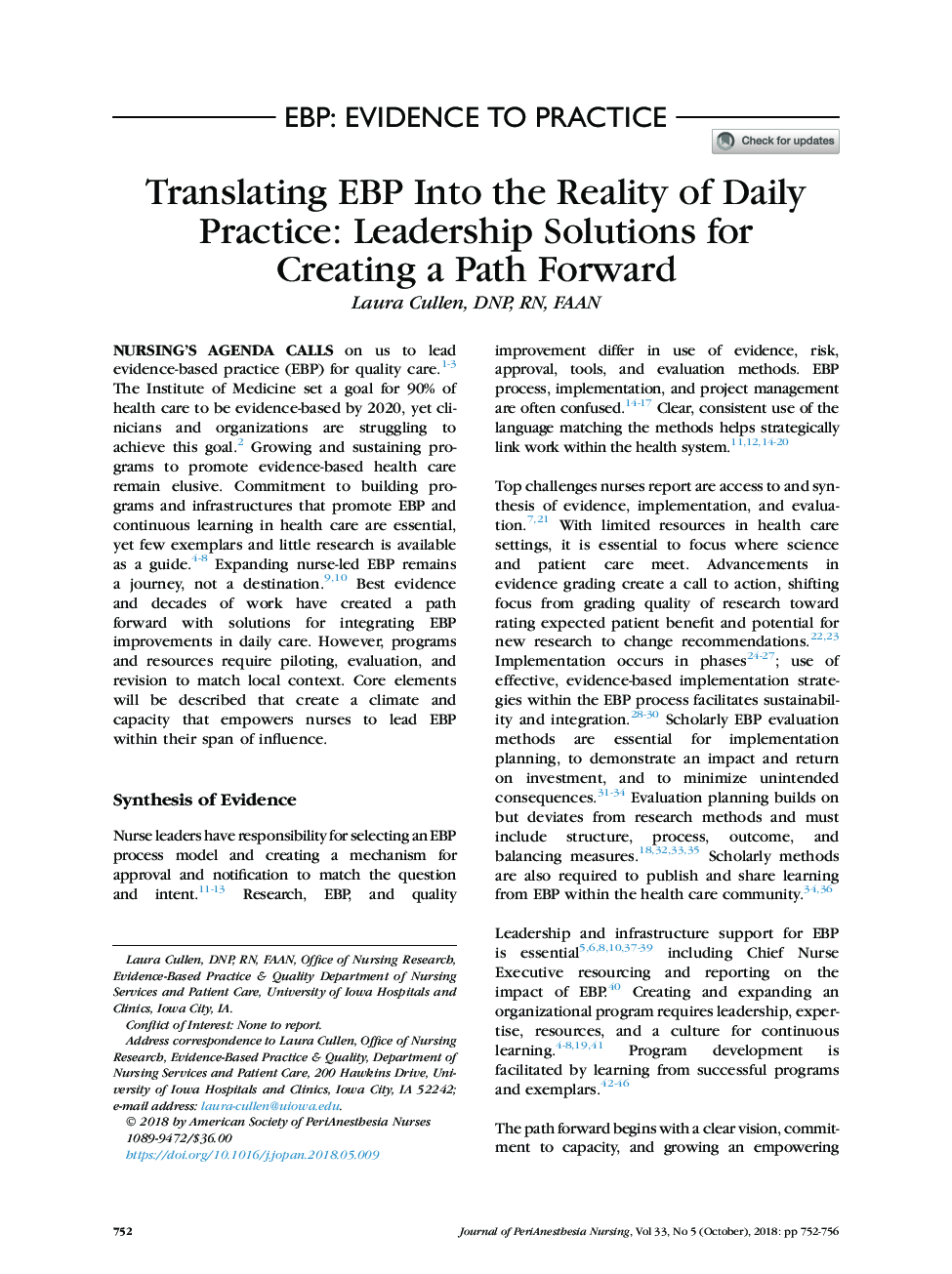 Translating EBP Into the Reality of Daily Practice: Leadership Solutions for Creating a Path Forward