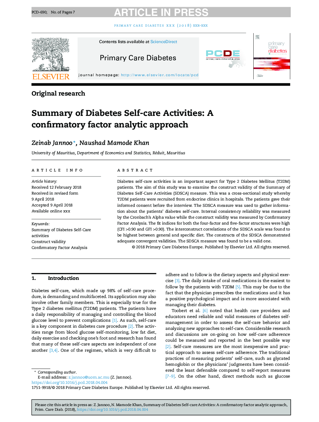 Summary of Diabetes Self-care Activities: A confirmatory factor analytic approach