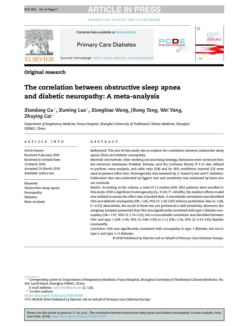 The correlation between obstructive sleep apnea and diabetic neuropathy: A meta-analysis