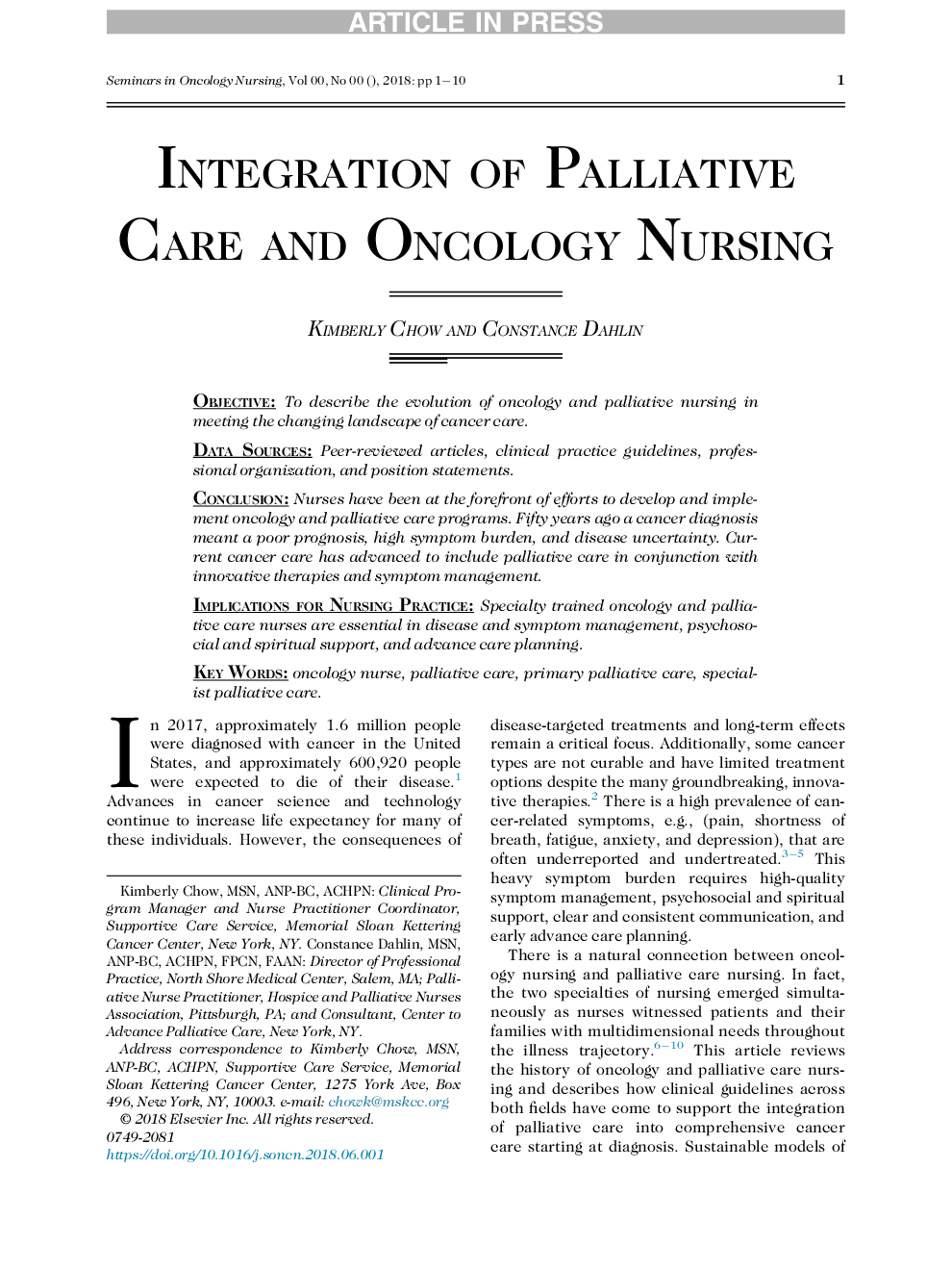 Integration of Palliative Care and Oncology Nursing