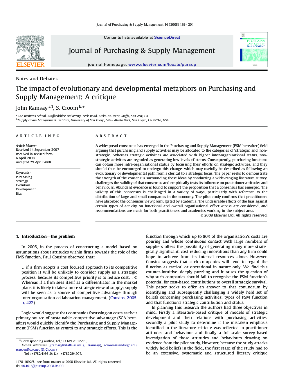 The impact of evolutionary and developmental metaphors on Purchasing and Supply Management: A critique