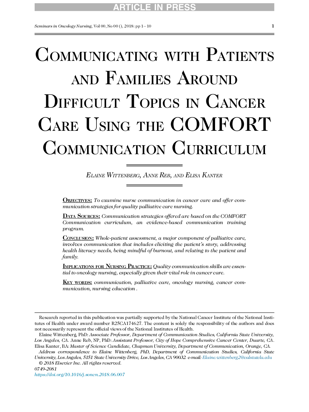 Communicating with Patients and Families Around Difficult Topics in Cancer Care Using the COMFORT Communication Curriculum