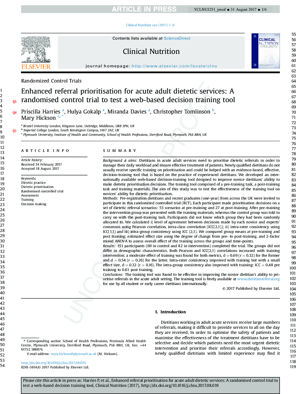 Enhanced referral prioritisation for acute adult dietetic services: A randomised control trial to test a web-based decision training tool