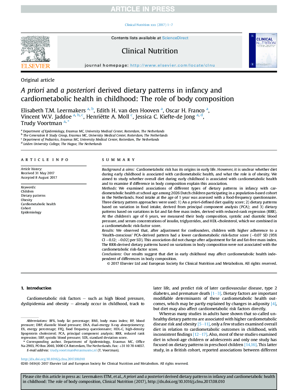 A priori and a posteriori derived dietary patterns in infancy and cardiometabolic health in childhood: The role of body composition