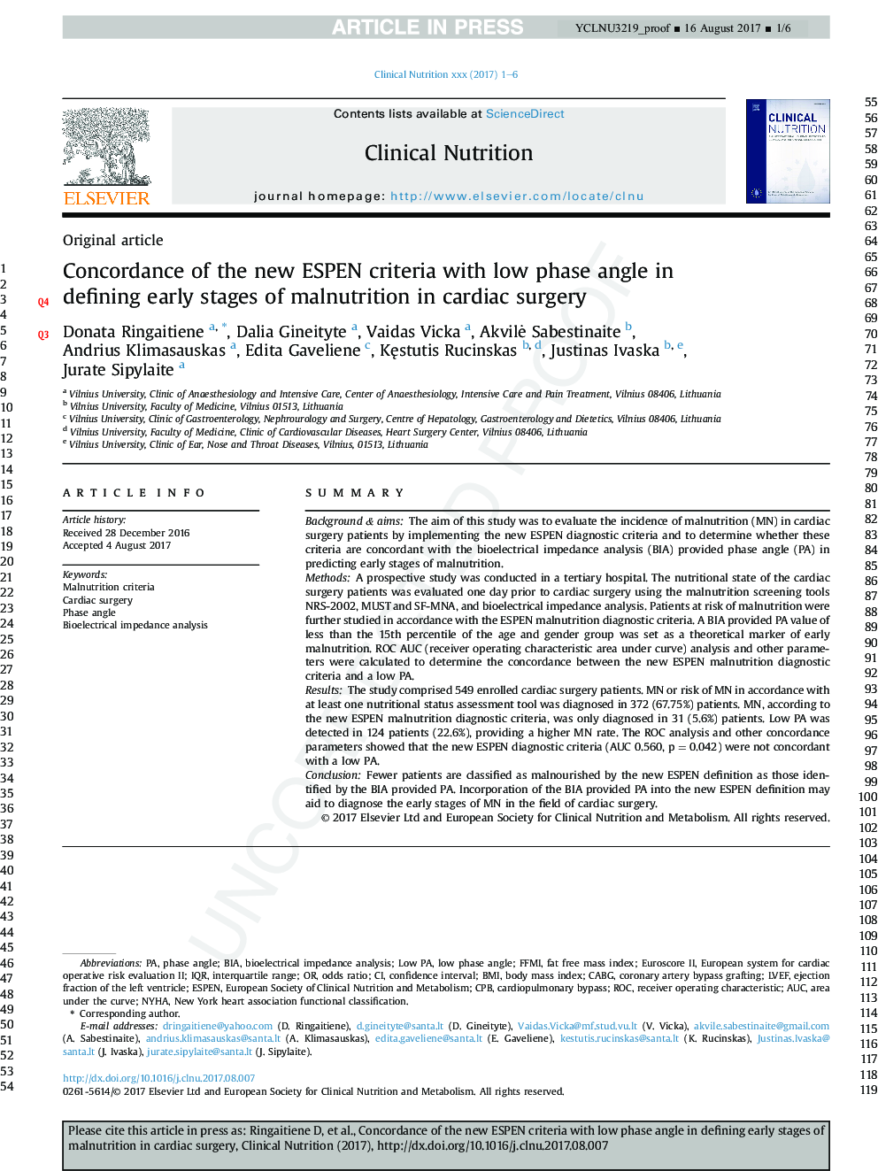 Concordance of the new ESPEN criteria with low phase angle in defining early stages of malnutrition in cardiac surgery