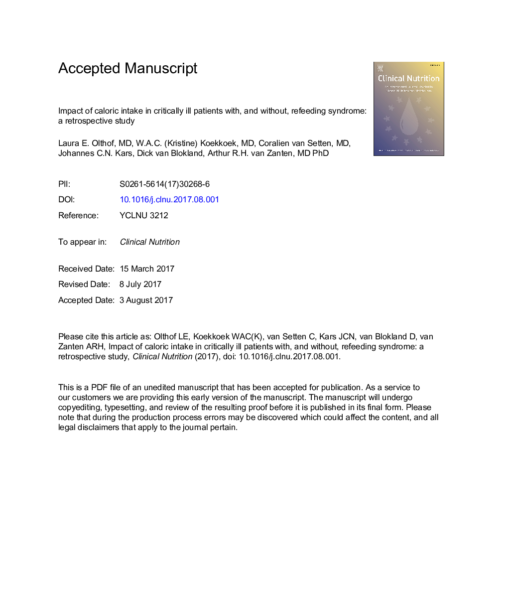 Impact of caloric intake in critically ill patients with, and without, refeeding syndrome: A retrospective study