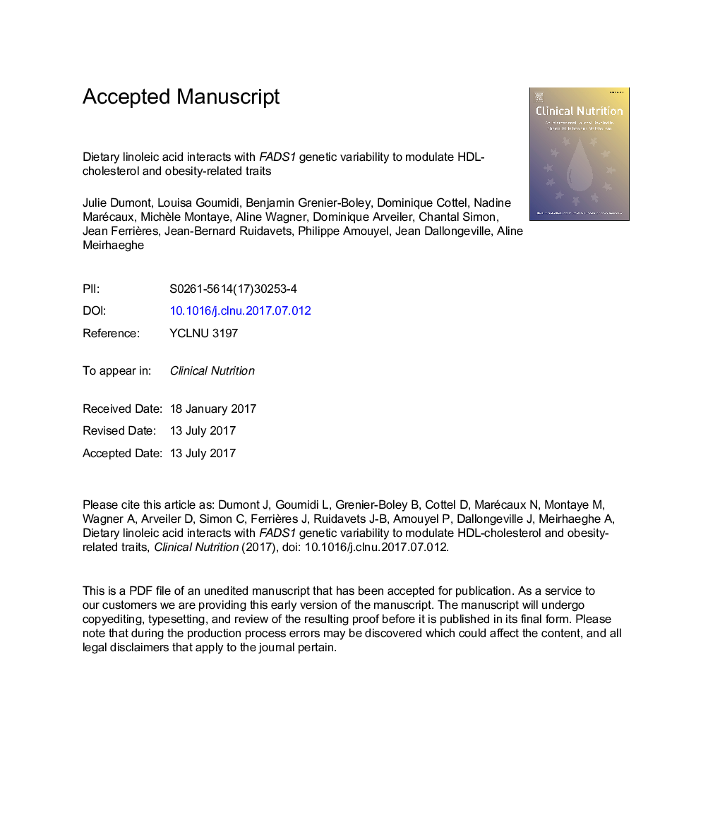 Dietary linoleic acid interacts with FADS1 genetic variability to modulate HDL-cholesterol and obesity-related traits