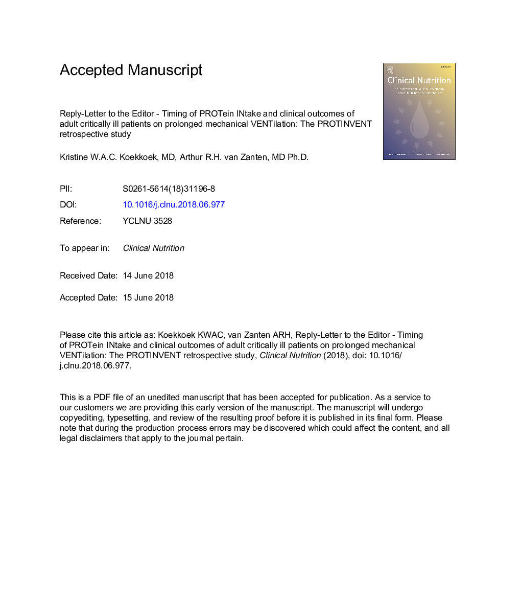 Reply-Letter to the Editor - Timing of PROTein INtake and clinical outcomes of adult critically ill patients on prolonged mechanical VENTilation: The PROTINVENT retrospective study