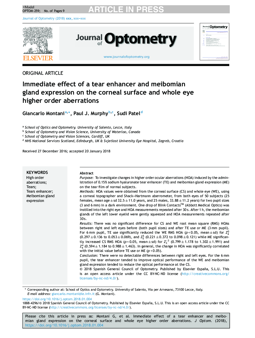 Immediate effect of a tear enhancer and meibomian gland expression on the corneal surface and whole eye higher order aberrations