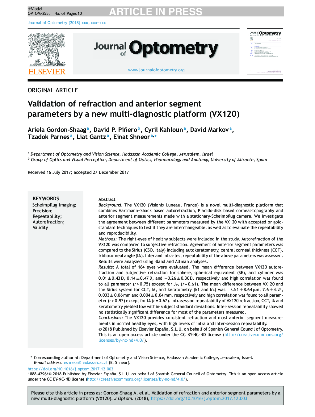 Validation of refraction and anterior segment parameters by a new multi-diagnostic platform (VX120)