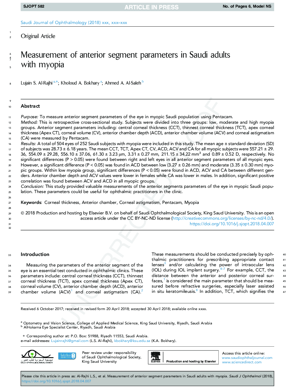 Measurement of anterior segment parameters in Saudi adults with myopia