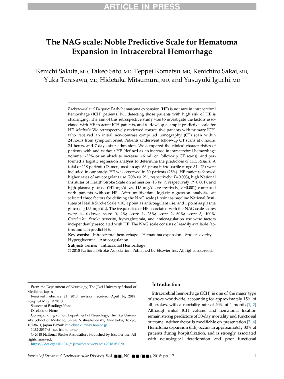 The NAG scale: Noble Predictive Scale for Hematoma Expansion in Intracerebral Hemorrhage