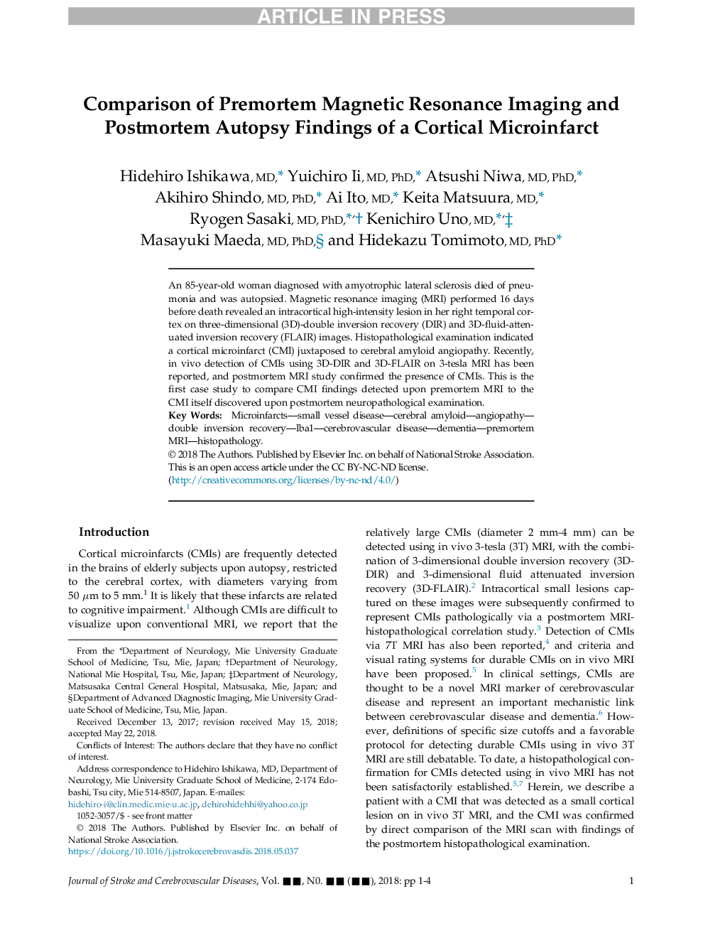 Comparison of Premortem Magnetic Resonance Imaging and Postmortem Autopsy Findings of a Cortical Microinfarct