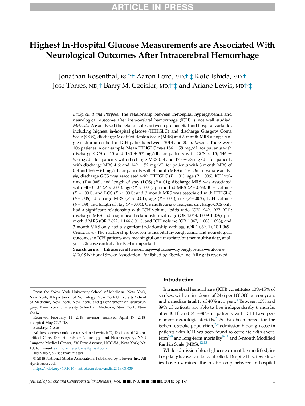 بالاترین اندازه گیری در گلوکز بیمارستان در ارتباط با نتایج عصبی پس از خونریزی داخل مغزی