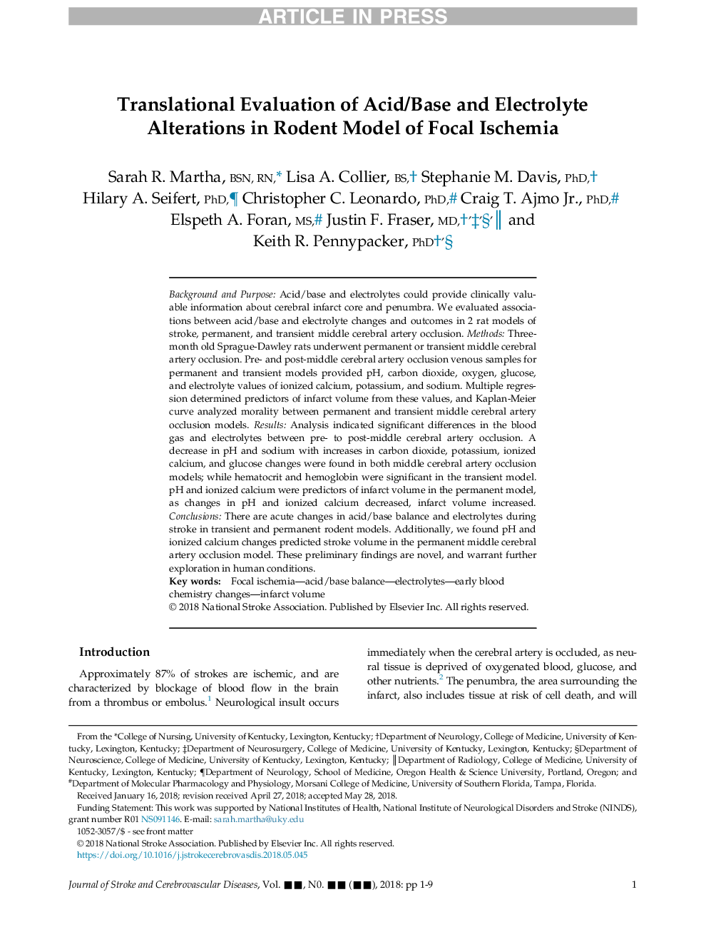 Translational Evaluation of Acid/Base and Electrolyte Alterations in Rodent Model of Focal Ischemia