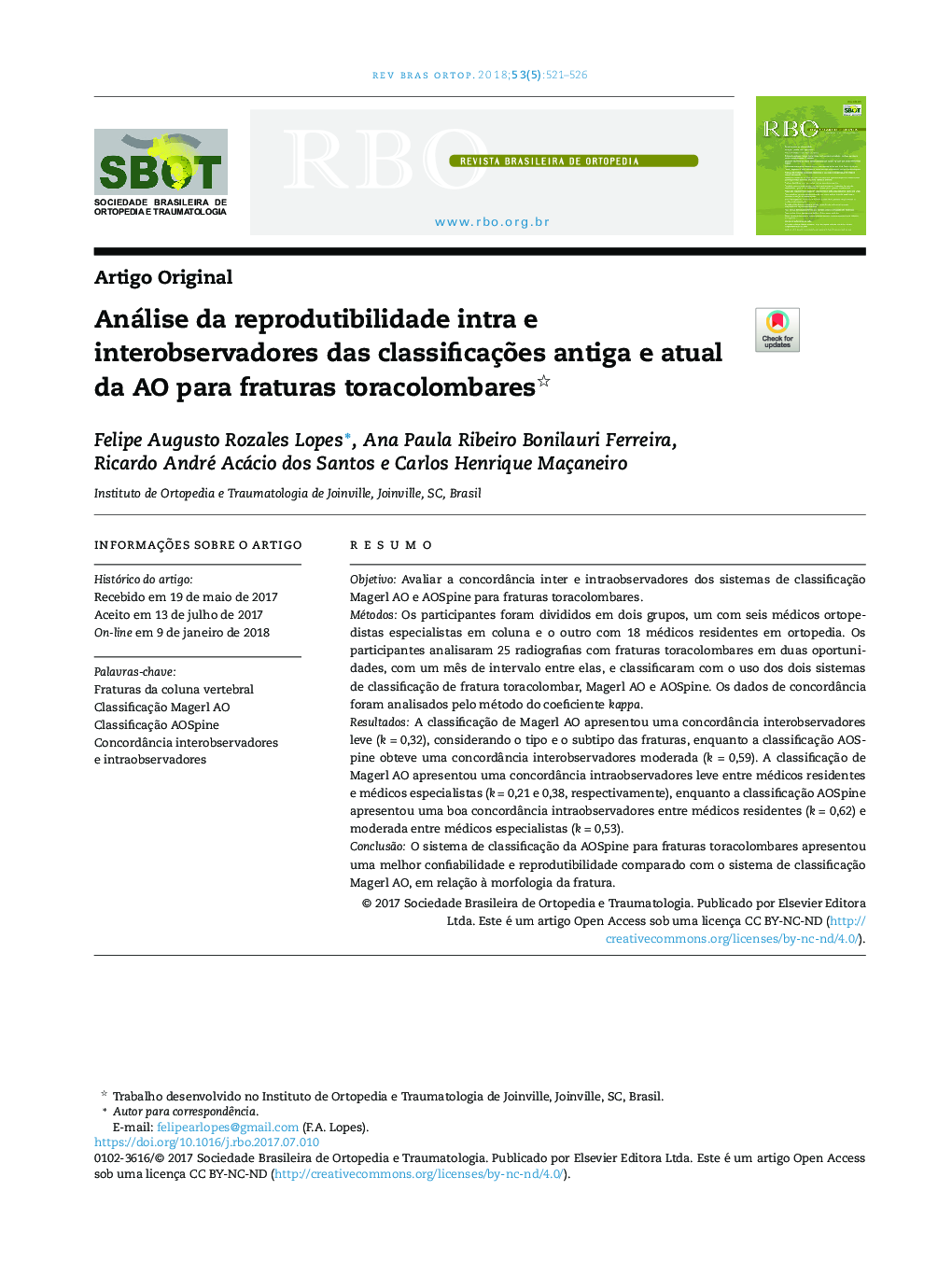 Análise da reprodutibilidade intra e interobservadores das classificaçÃµes antiga e atual da AO para fraturas toracolombares