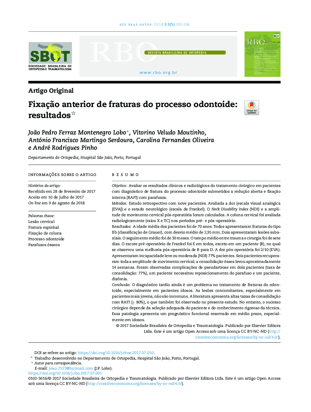 FixaçÃ£o anterior de fraturas do processo odontoide: resultados