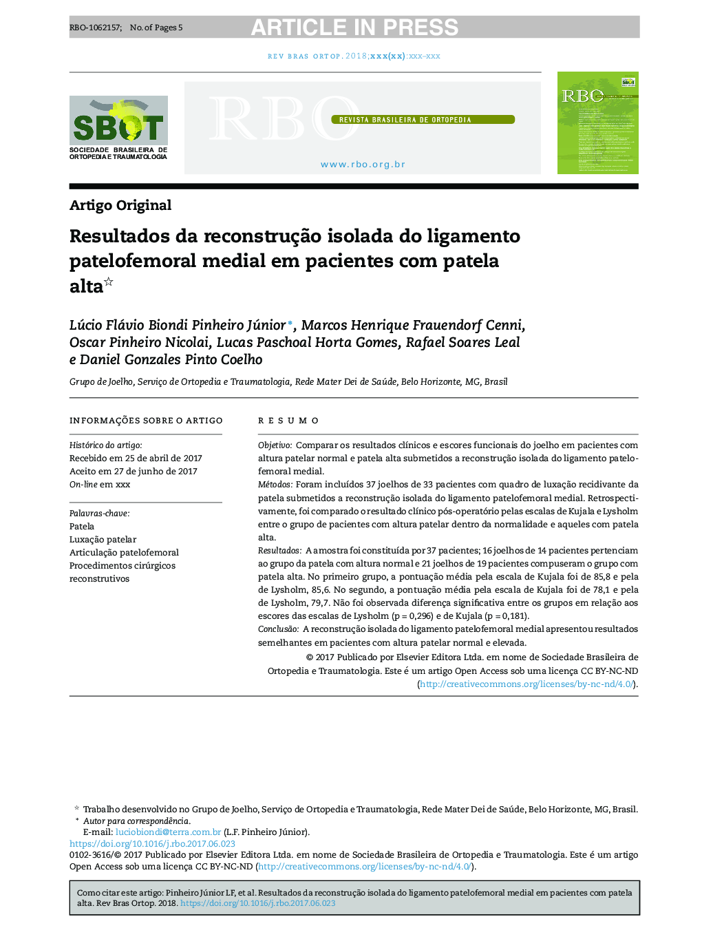 Resultados da reconstruçÃ£o isolada do ligamento patelofemoral medial em pacientes com patela alta