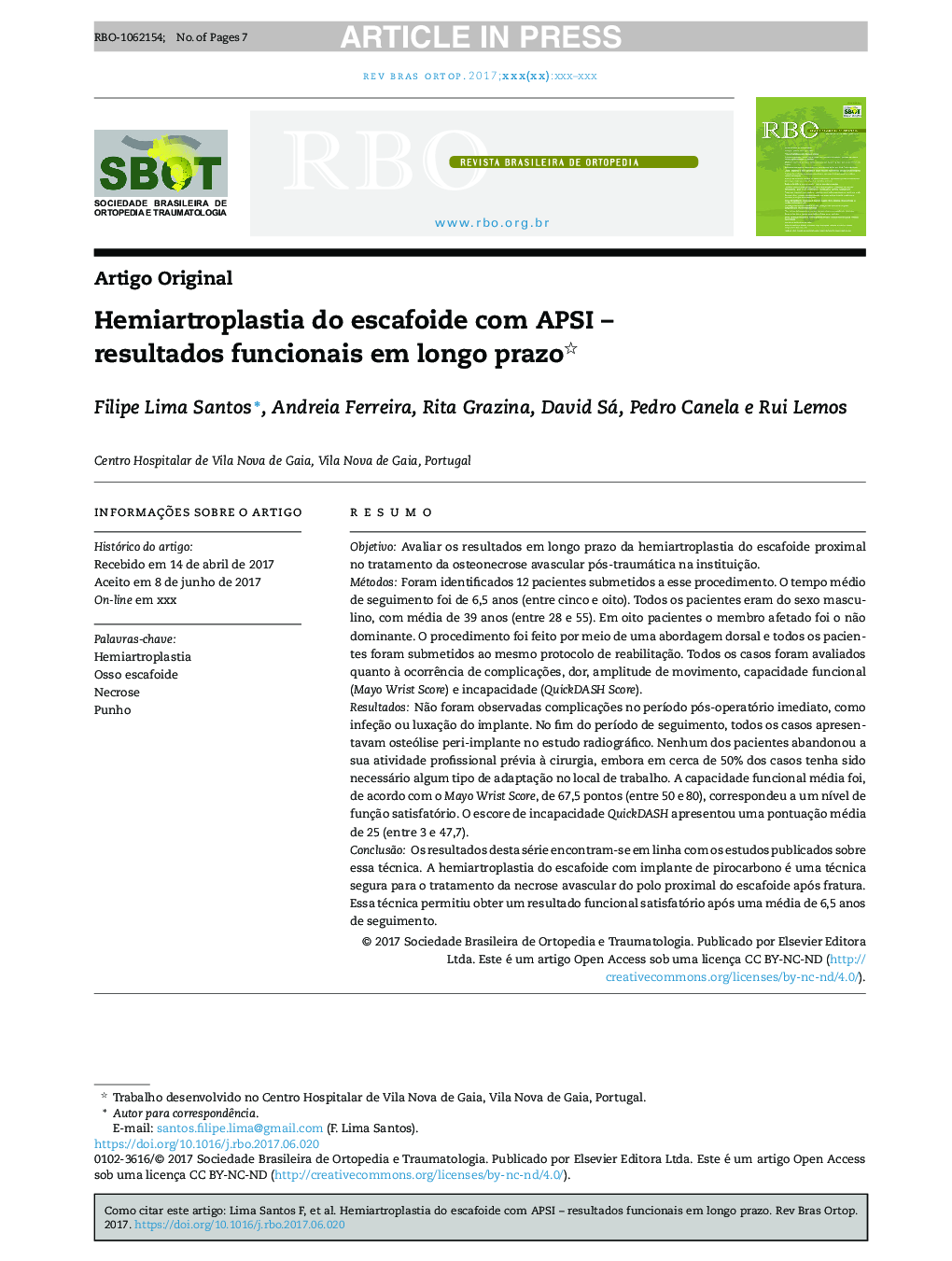 Hemiartroplastia do escafoide com APSI - resultados funcionais em longo prazo