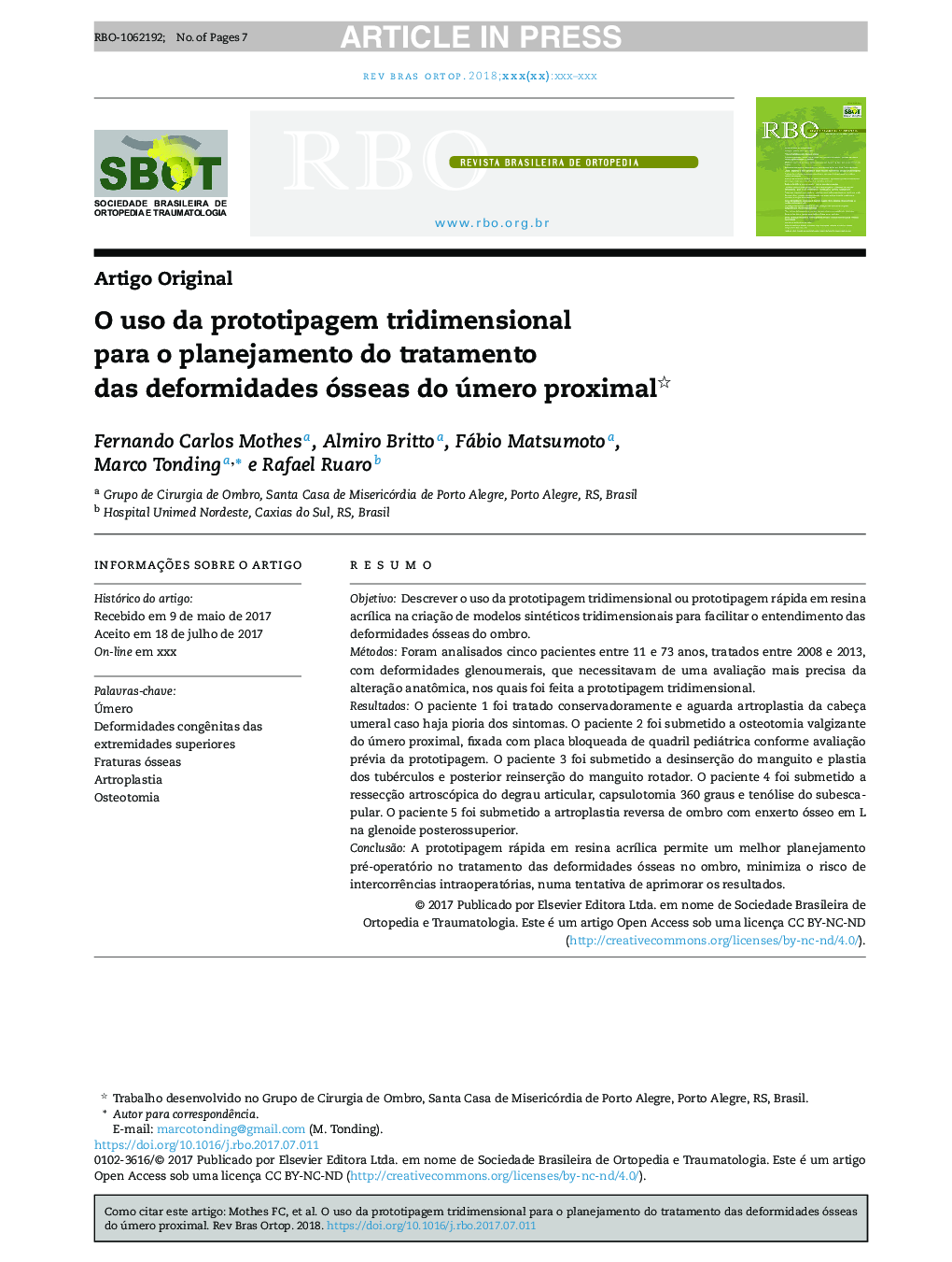 O uso da prototipagem tridimensional para o planejamento do tratamento das deformidades ósseas do úmero proximal