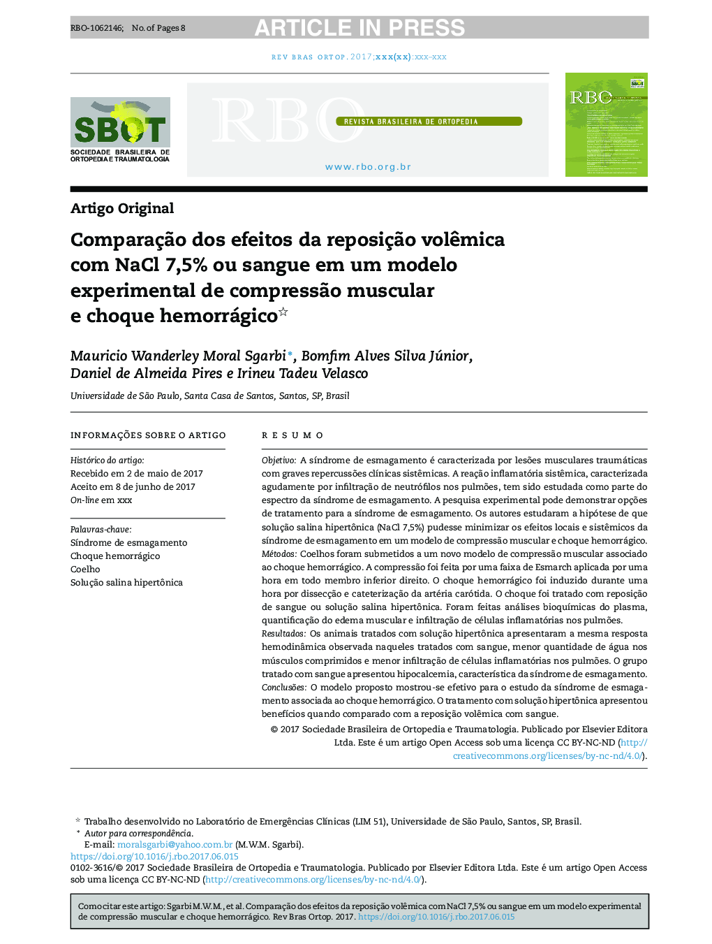 ComparaçÃ£o dos efeitos da reposiçÃ£o volÃªmica com NaCl 7,5% ou sangue em um modelo experimental de compressÃ£o muscular e choque hemorrágico