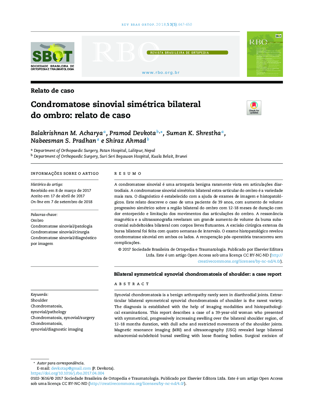 Condromatose sinovial simétrica bilateral do ombro: relato de caso