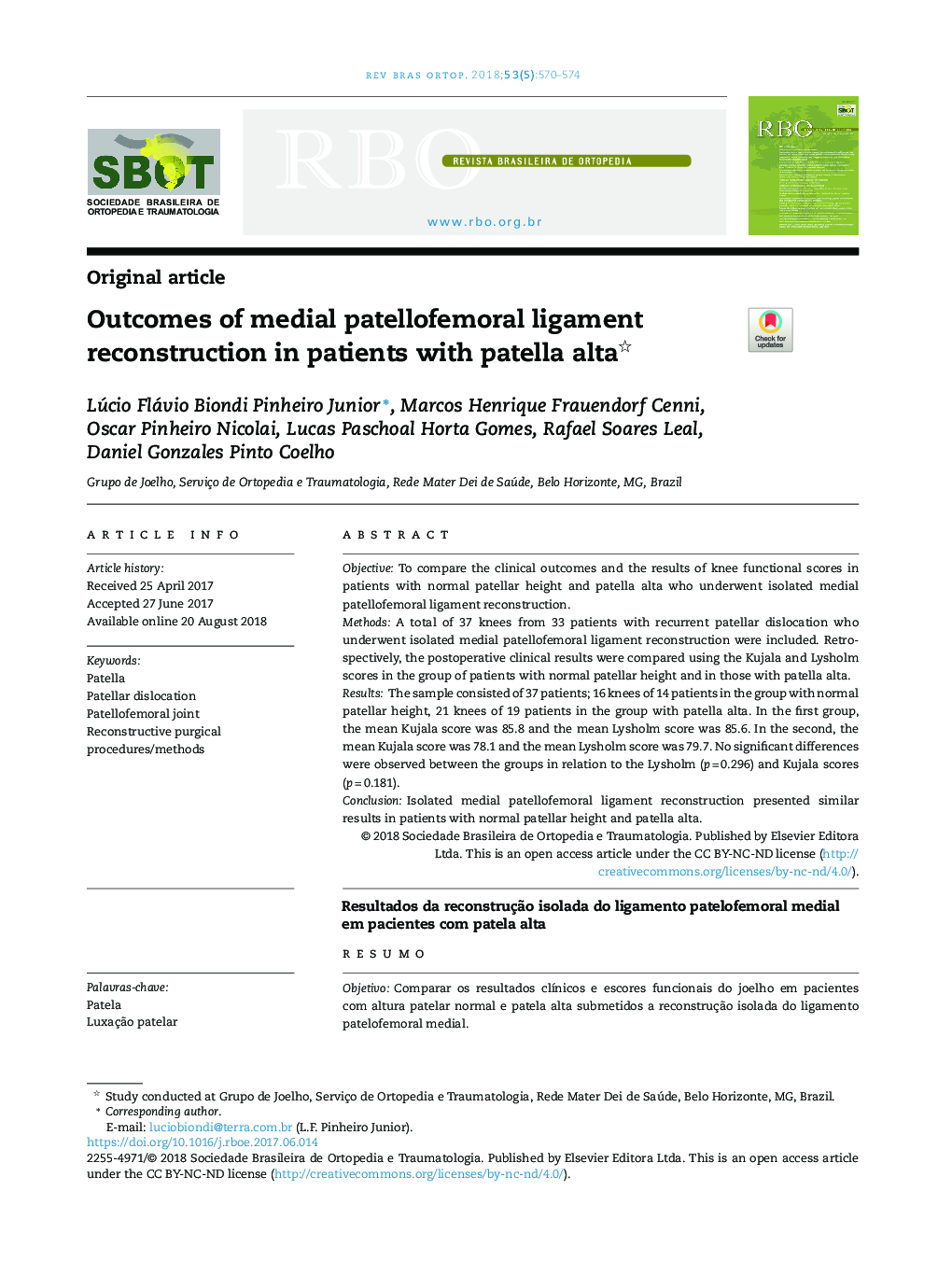 Outcomes of medial patellofemoral ligament reconstruction in patients with patella alta