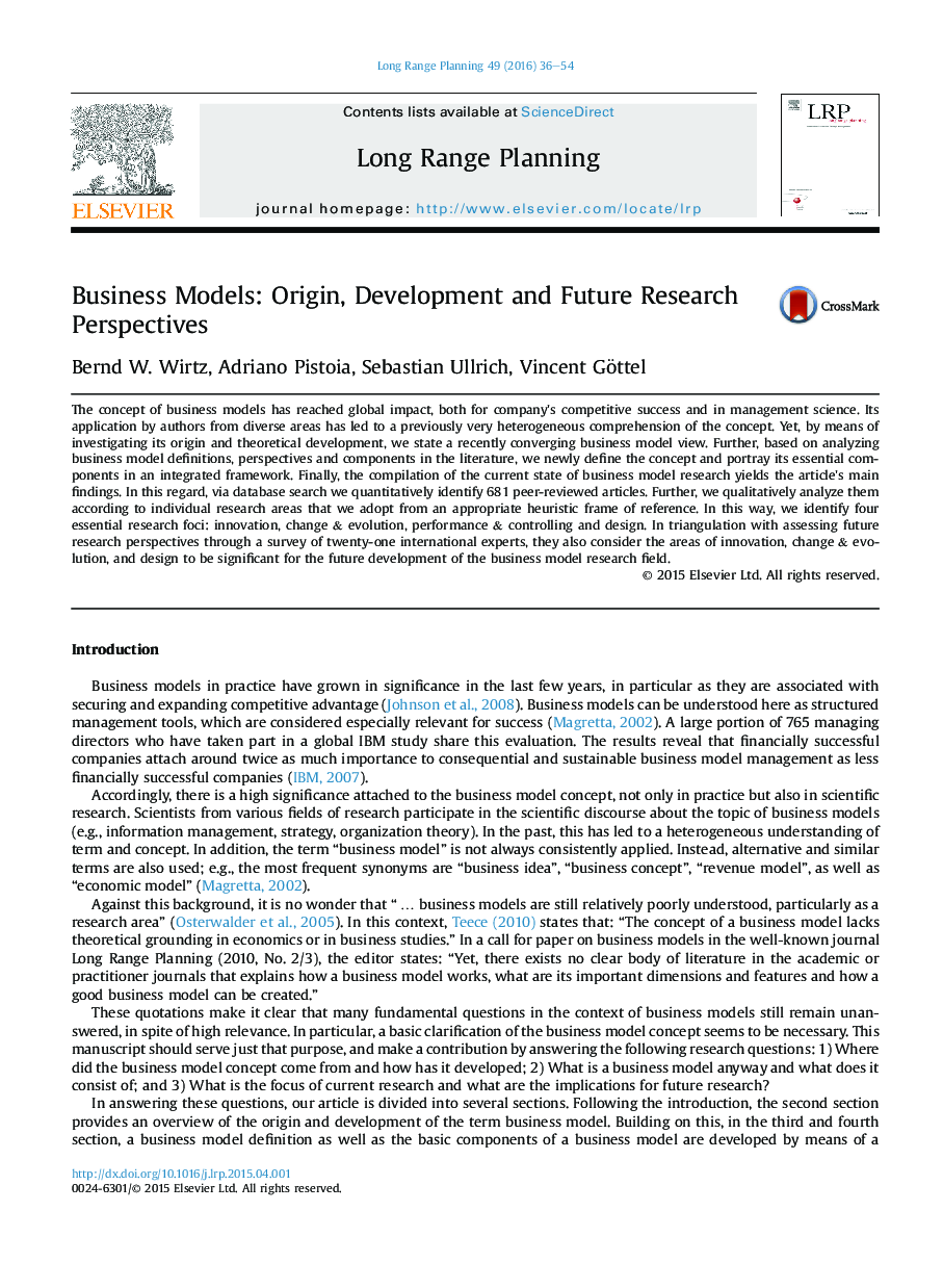 Business Models: Origin, Development and Future Research Perspectives