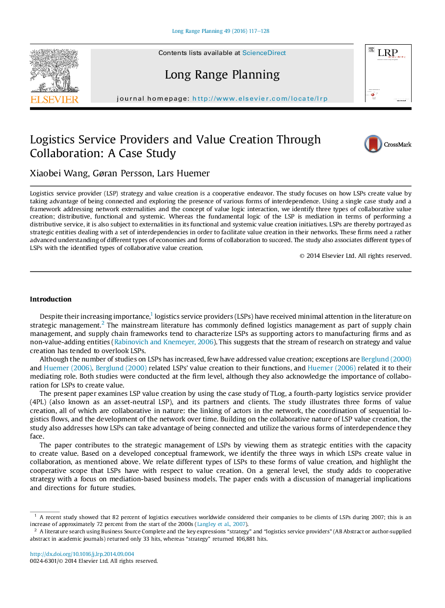 Logistics Service Providers and Value Creation Through Collaboration: A Case Study