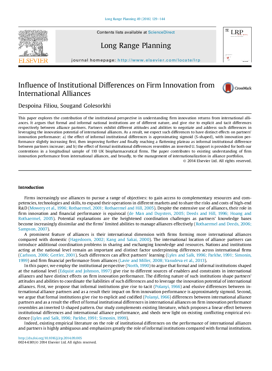 Influence of Institutional Differences on Firm Innovation from International Alliances