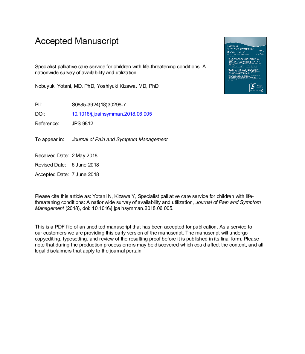 Specialist Palliative Care Service for Children With Life-Threatening Conditions: A Nationwide Survey of Availability and Utilization