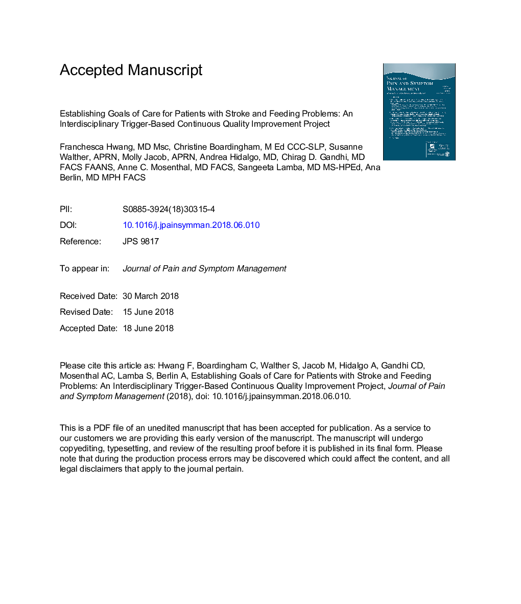 Establishing Goals of Care for Patients With Stroke and Feeding Problems: An Interdisciplinary Trigger-Based Continuous Quality Improvement Project