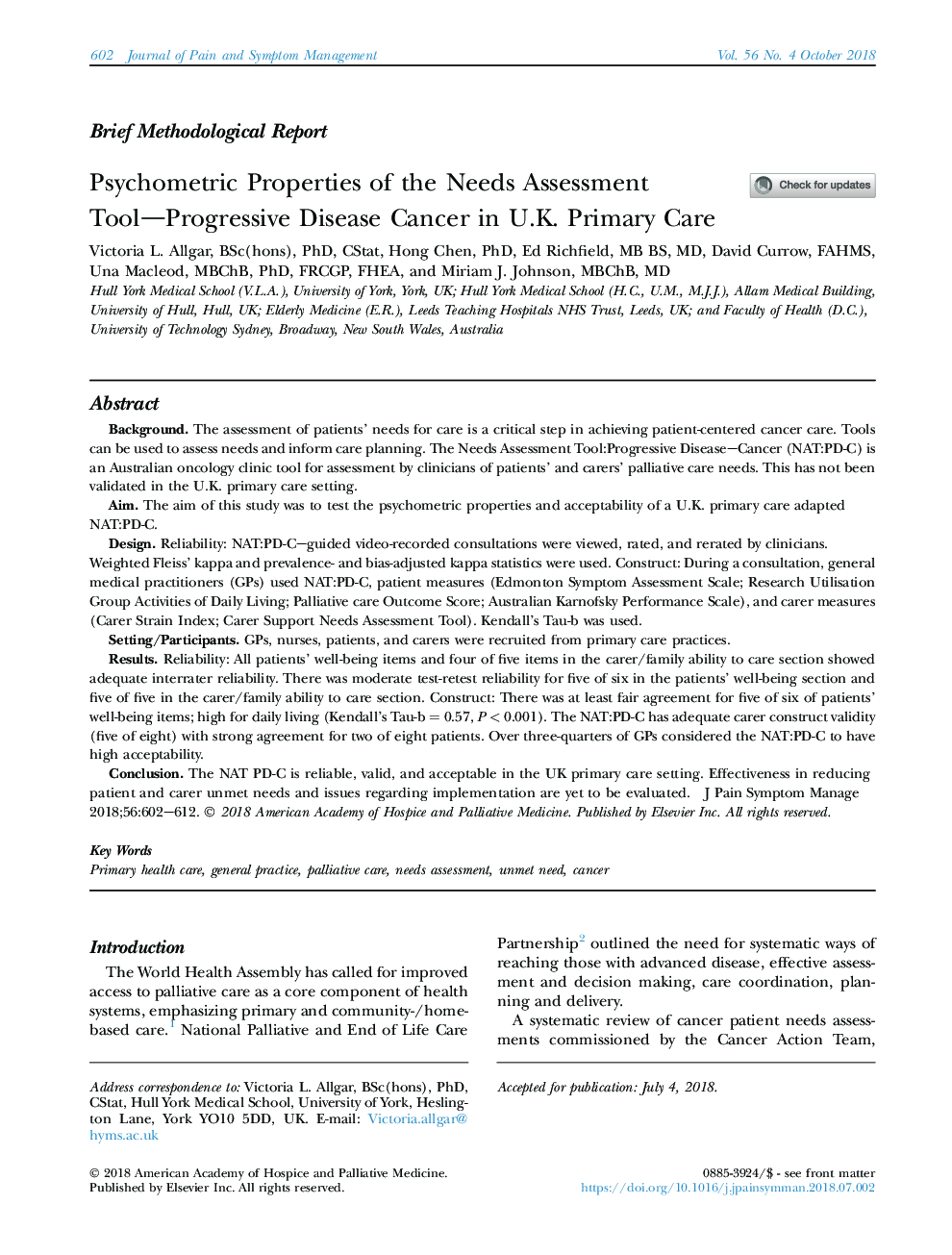 Psychometric Properties of the Needs Assessment Tool-Progressive Disease Cancer in U.K. Primary Care