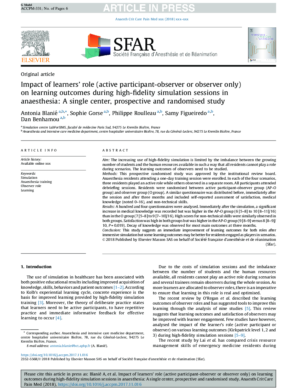Impact of learners' role (active participant-observer or observer only) on learning outcomes during high-fidelity simulation sessions in anaesthesia: A single center, prospective and randomised study