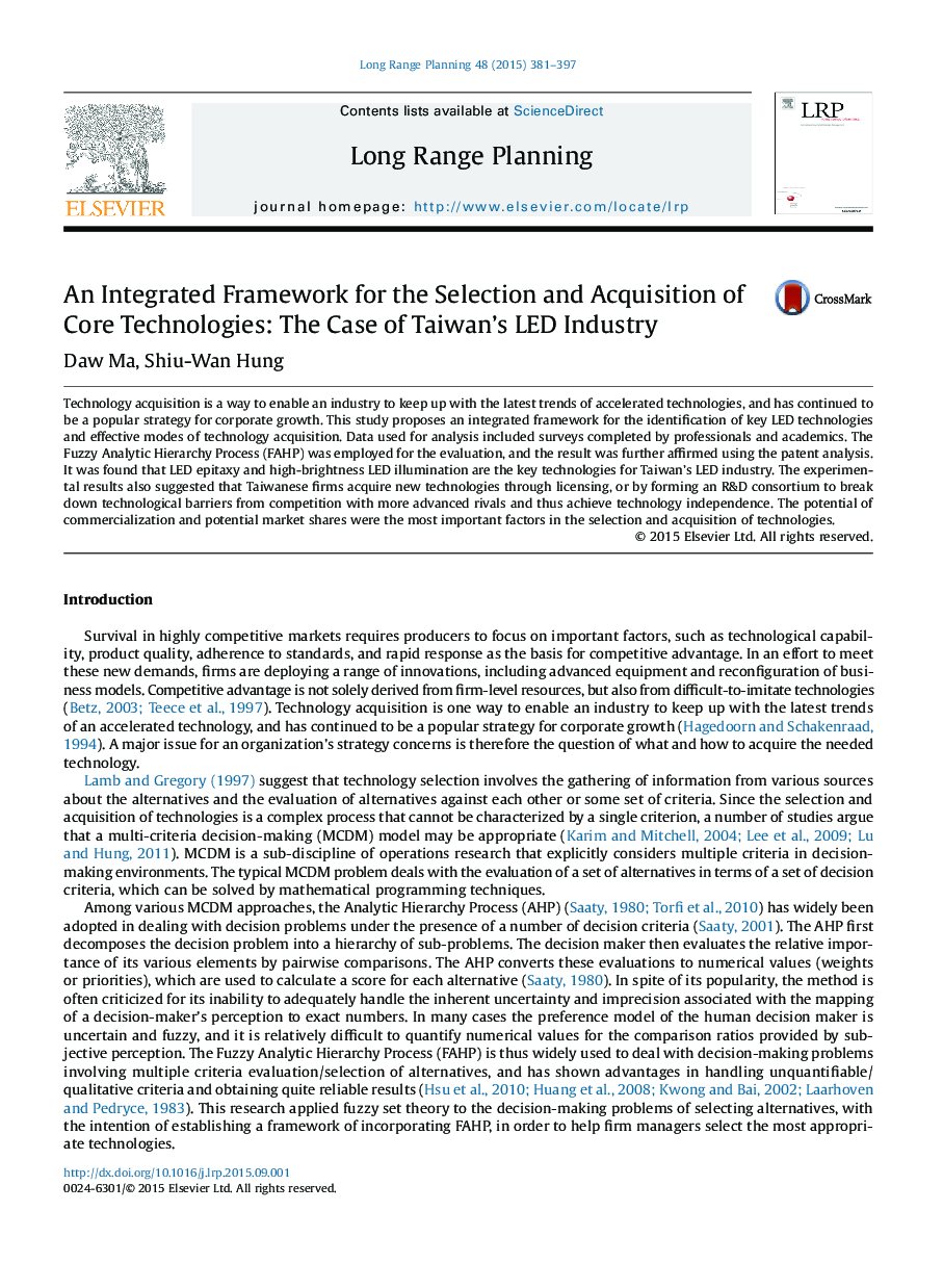 An Integrated Framework for the Selection and Acquisition of Core Technologies: The Case of Taiwan's LED Industry