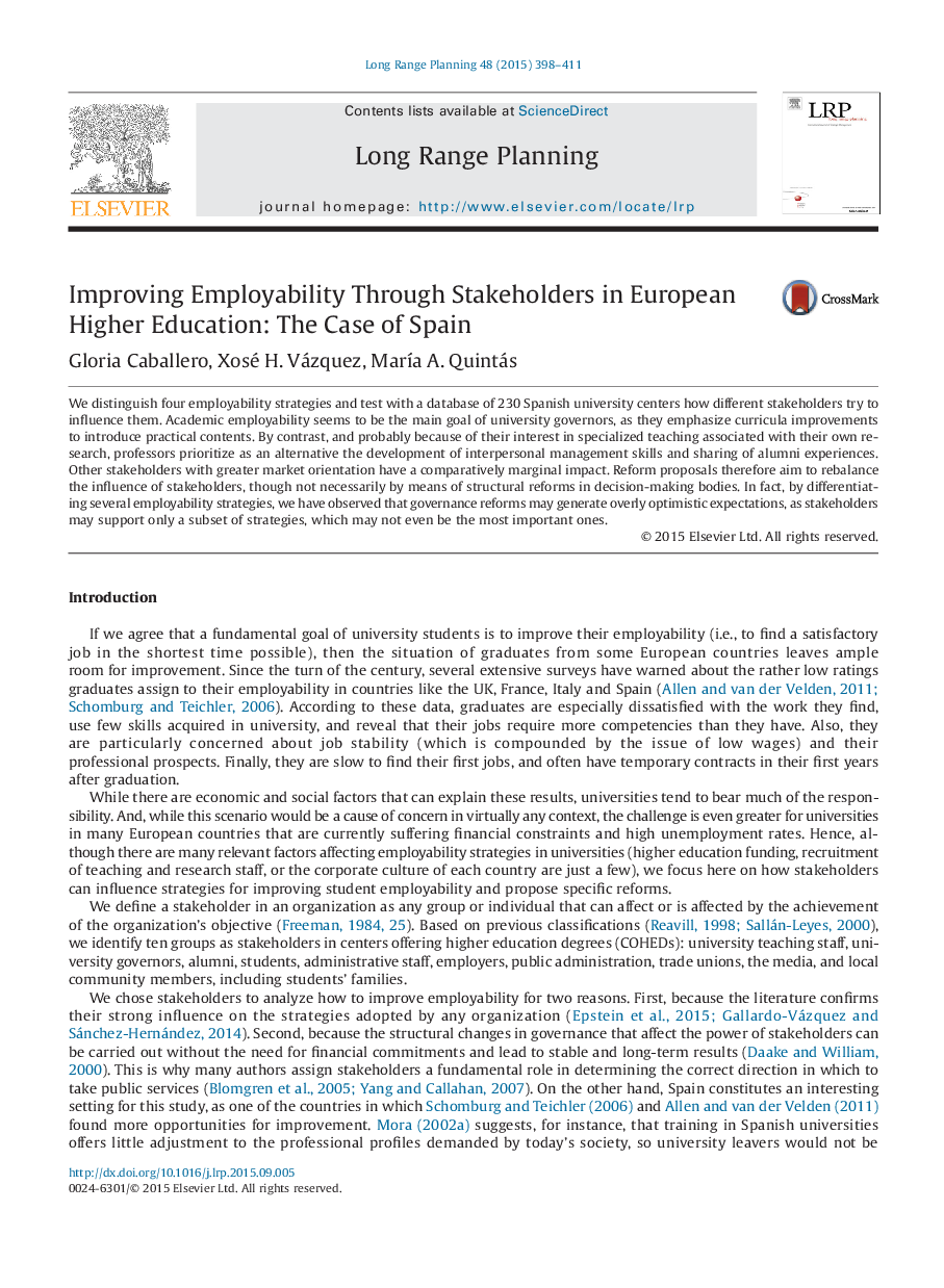 Improving Employability Through Stakeholders in European Higher Education: The Case of Spain