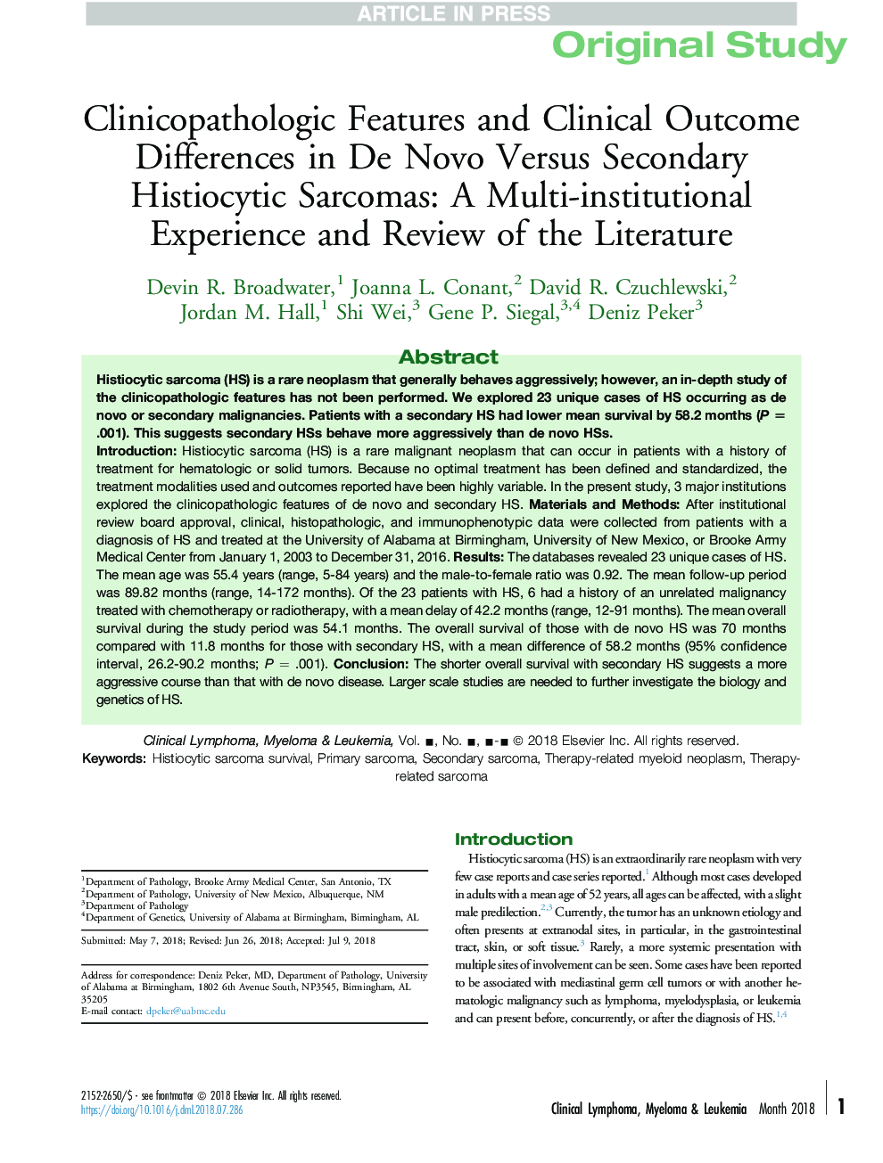 Clinicopathologic Features and Clinical Outcome Differences in De Novo Versus Secondary Histiocytic Sarcomas: A Multi-institutional Experience and Review of the Literature