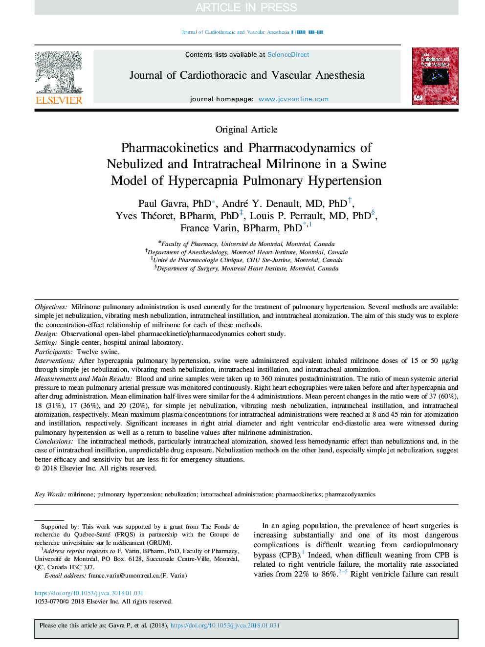 Pharmacokinetics and Pharmacodynamics of Nebulized and Intratracheal Milrinone in a Swine Model of Hypercapnia Pulmonary Hypertension