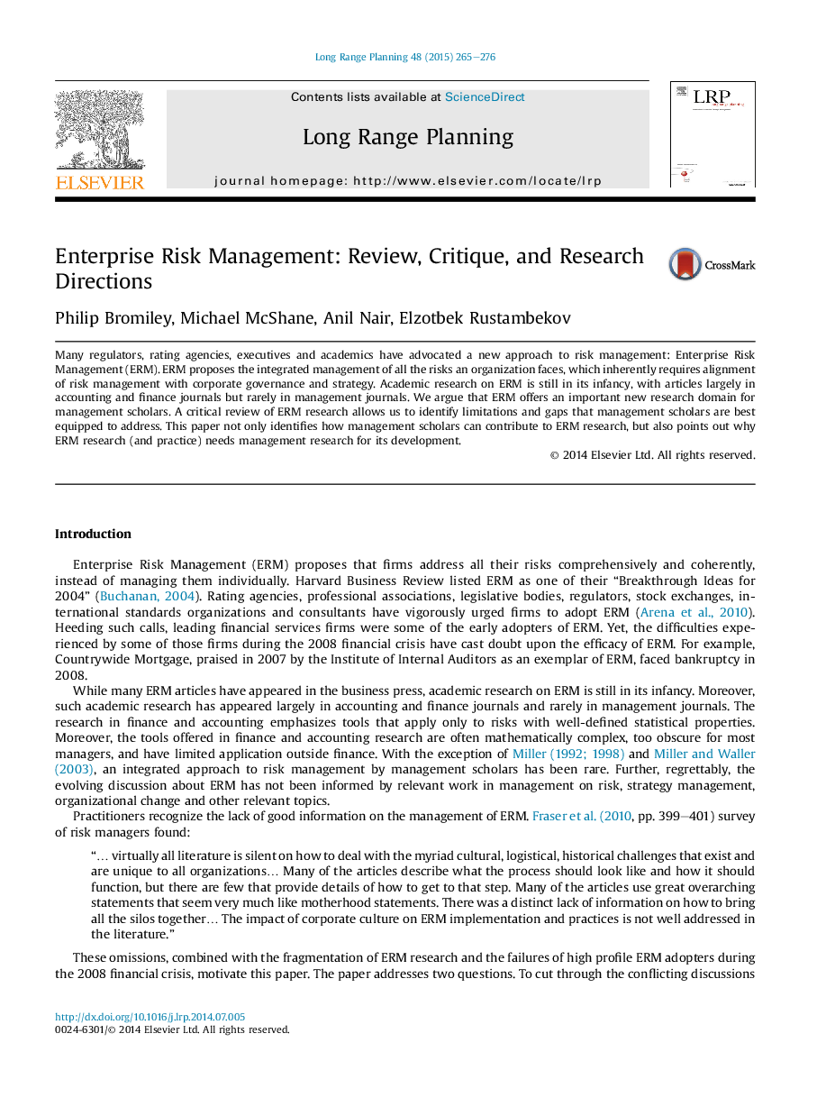 Enterprise Risk Management: Review, Critique, and Research Directions