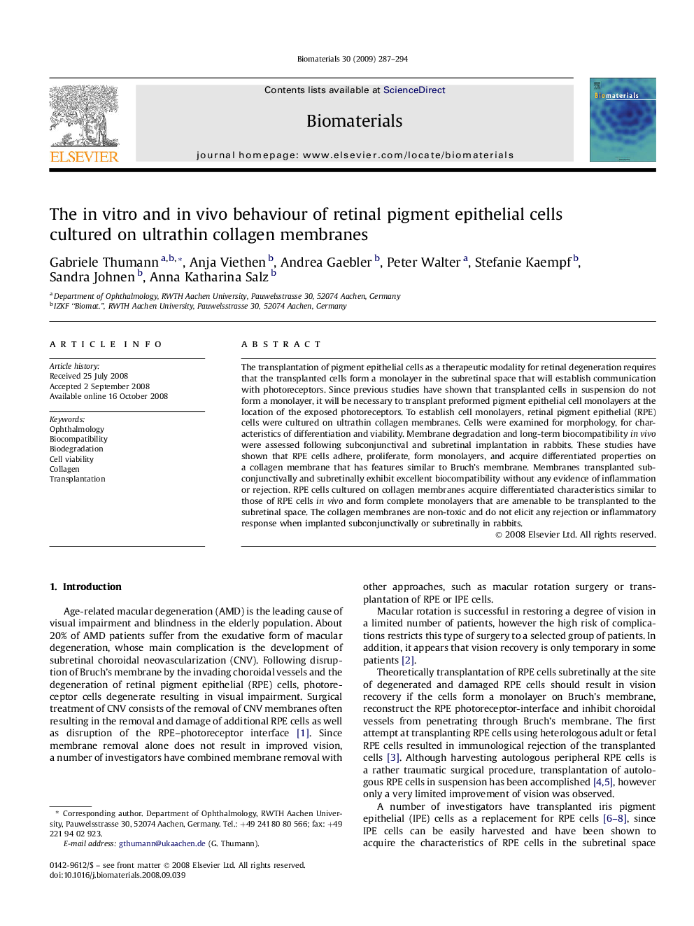 The in vitro and in vivo behaviour of retinal pigment epithelial cells cultured on ultrathin collagen membranes